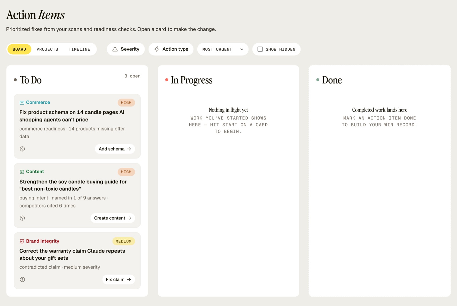 Stride's Action Items board, shown with sample data, listing prioritized fixes such as product schema, a buying guide update and a brand claim correction.
