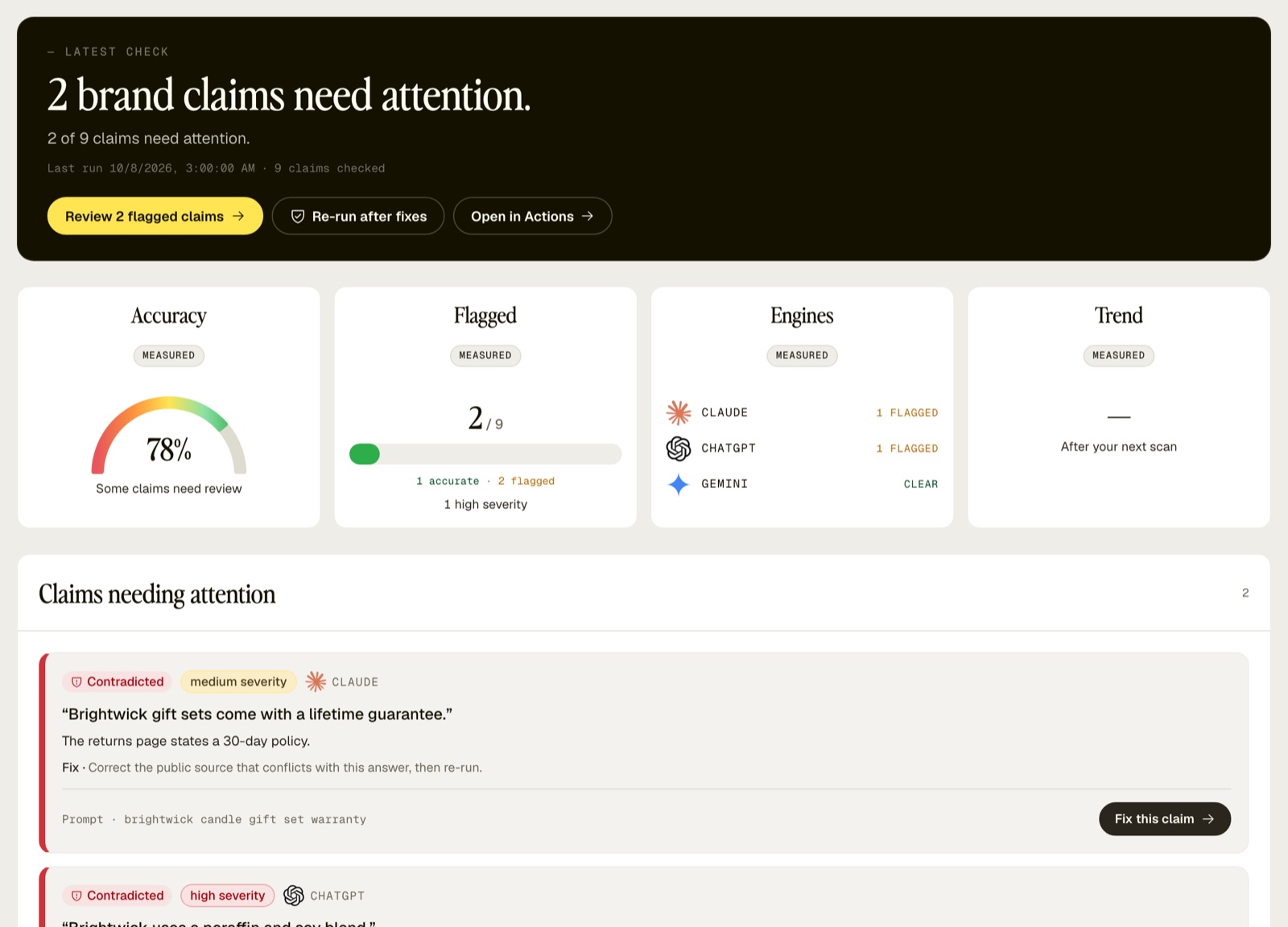 Stride's Brand Integrity view listing flagged claims AI engines made about a brand with an accuracy score