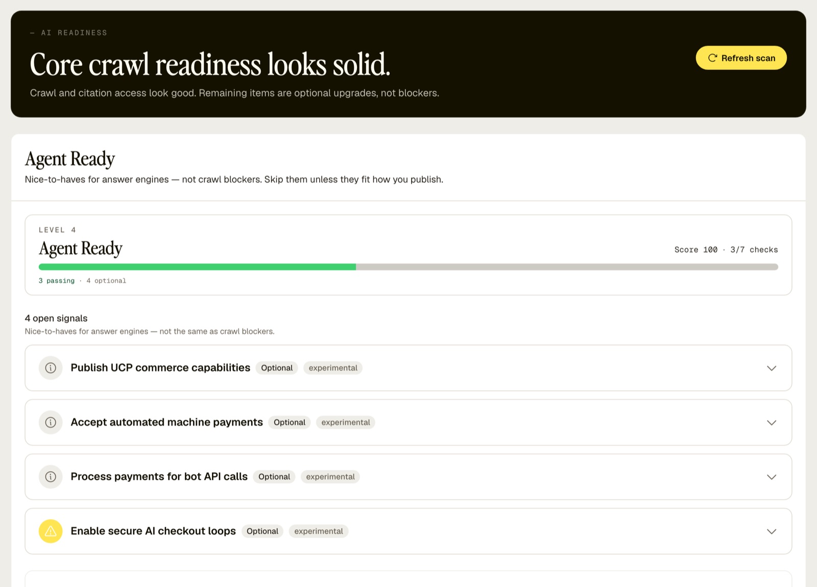 Stride's AI Readiness checks for agent-commerce protocols, including UCP capabilities, machine payments, x402 and AI checkout